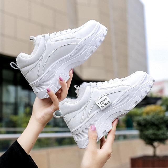White chunky platform sneakers for women, lace-up with faux fur lining, breathable on Tampa Home & Garden Store