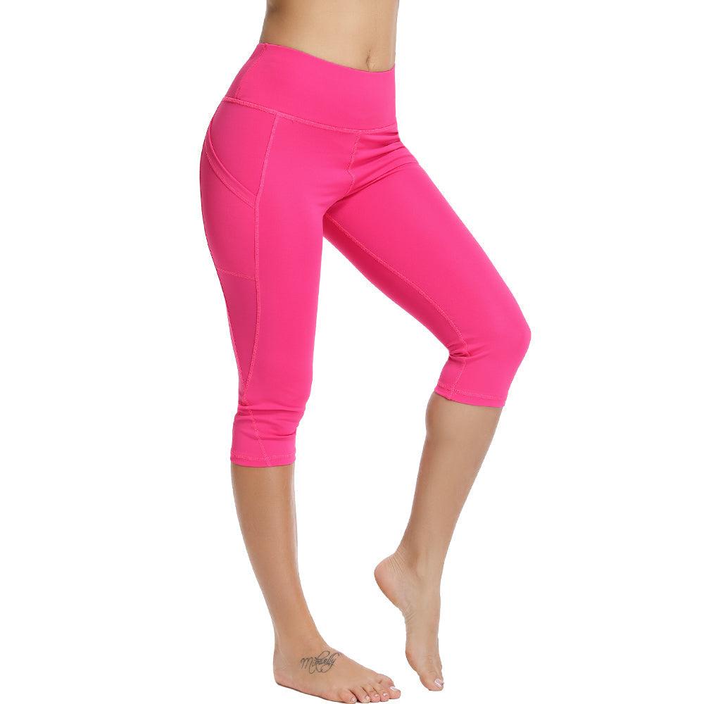 Stevvex pink cropped yoga leggings with side pocket, high-rise capri workout pants on Tampa Home & Garden Store