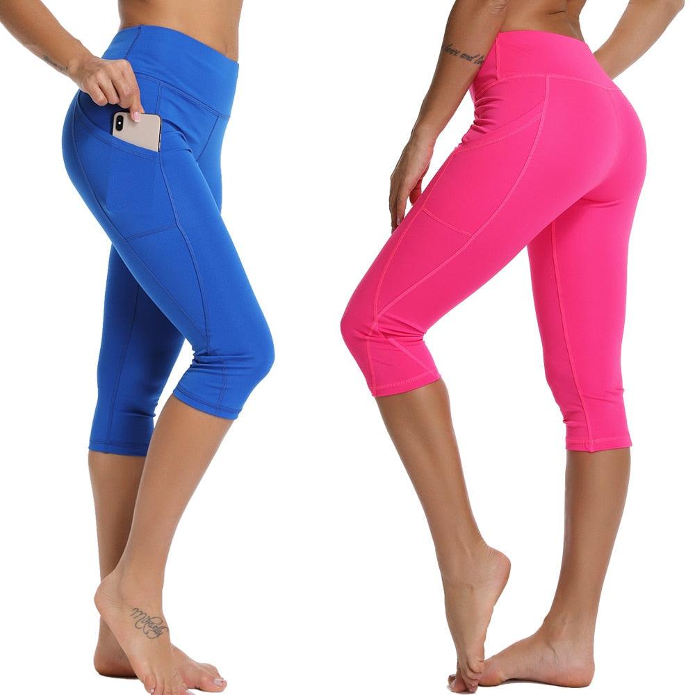 Stevvex women's cropped leggings blue pink pair with side pocket, seamless scrunch gym pants on Tampa Home & Garden Store