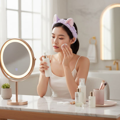 Cat Ears Spa Headband Set by Shaketea, four-color pack, worn during skincare at a vanity on Tampa Home & Garden Store