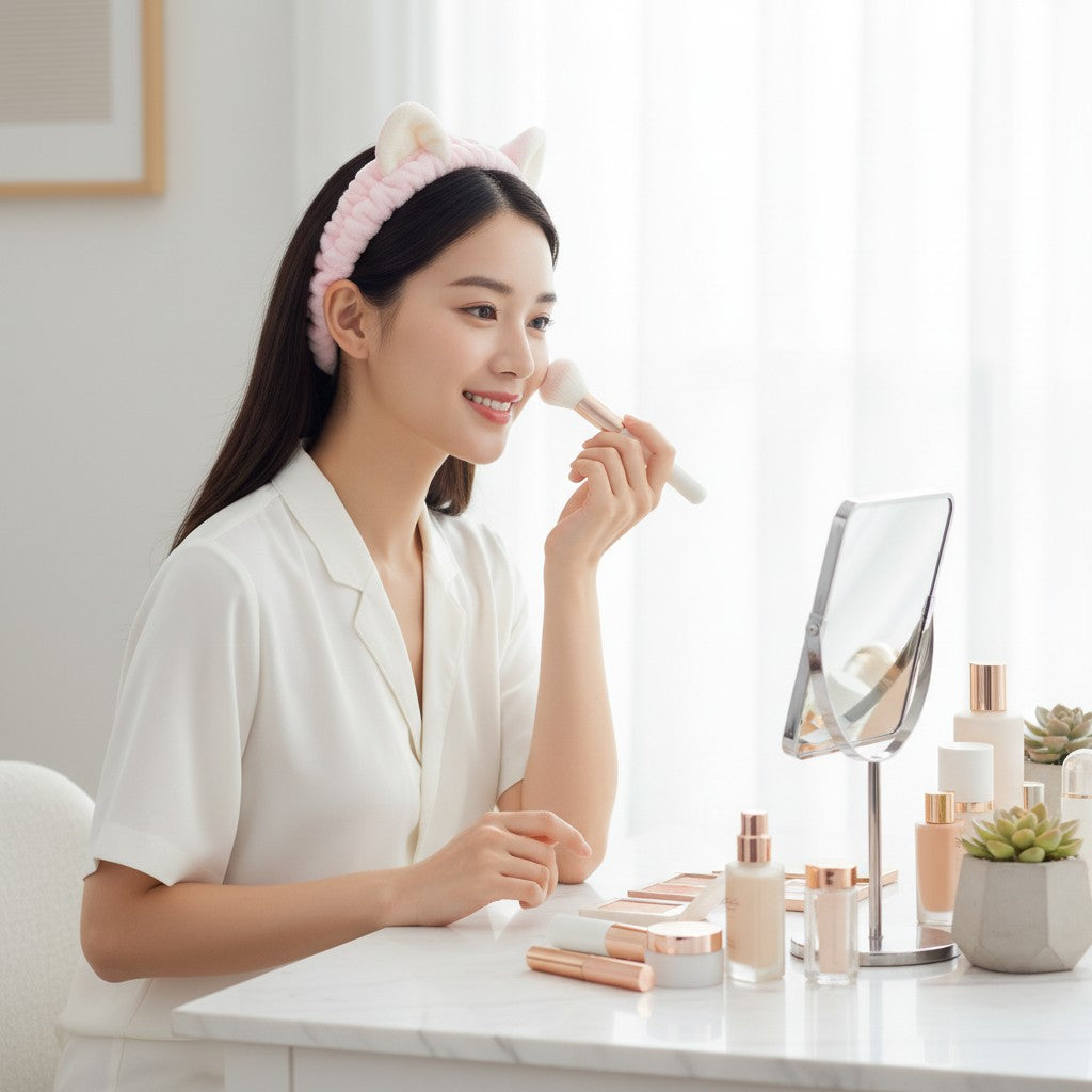 Shaketea Cat Ears Spa Headband Set pink plush cat-ear headband worn by woman during makeup on Tampa Home & Garden Store