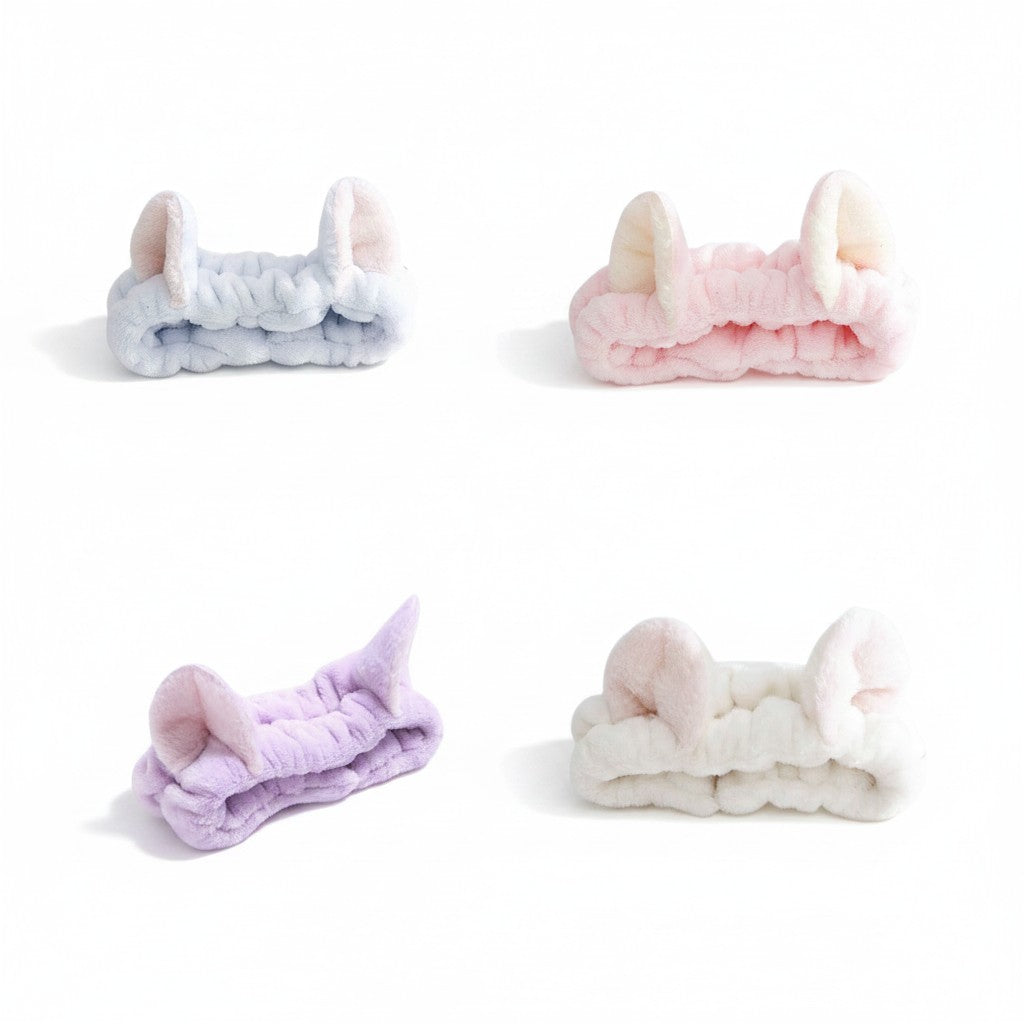 Cat Ears Spa Headband Set by Shaketea, 4 pastel plush colors: blue, pink, purple, white on Tampa Home & Garden Store