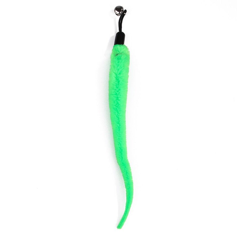 Cat feather teaser wand toy with neon green plush tail and bell accent on Tampa Home & Garden Store