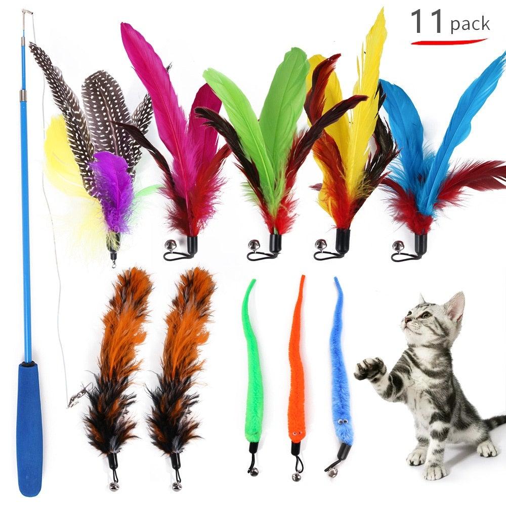 Stevvex Cat Feather Teaser Wand Set, 11-pack with retractable wand and bright feathers on Tampa Home & Garden Store