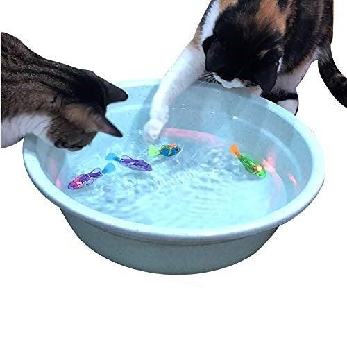 Stevvex ST80PTSD45 cat interactive water fish toy in a blue basin with colorful LED fish on Tampa Home & Garden Store