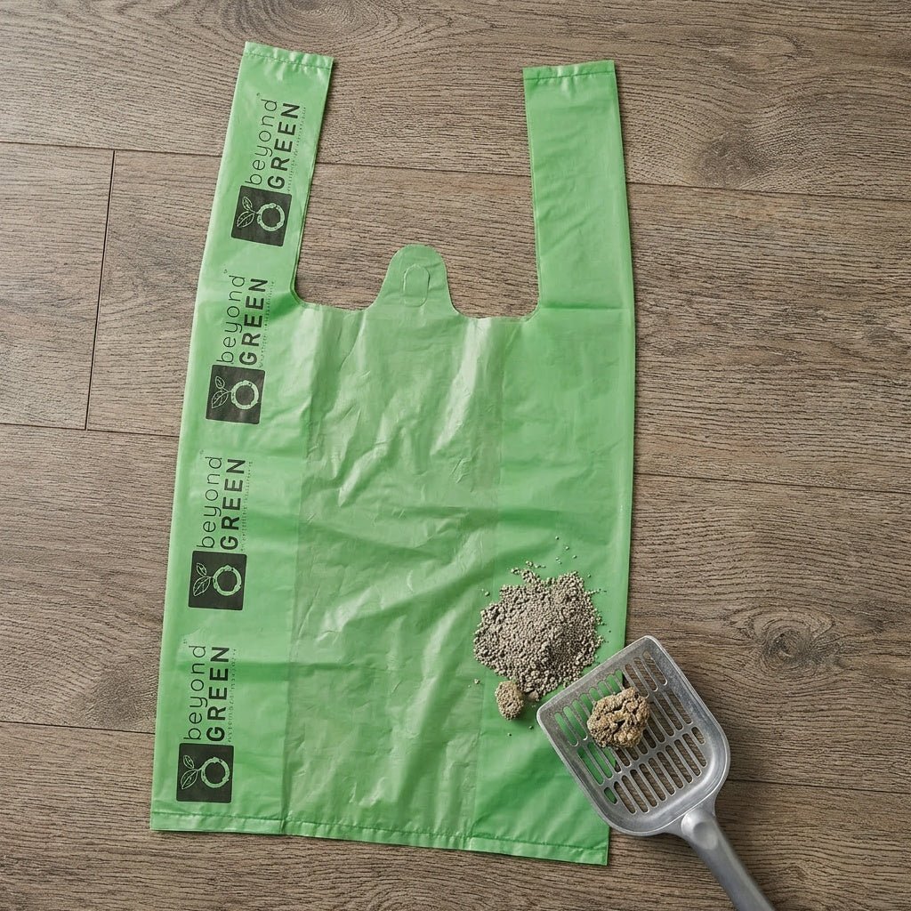 Bolsas para arena para gatos beyondGREEN con asas: fabricadas en EE. UU., resistentes a fugas y fáciles de atar.