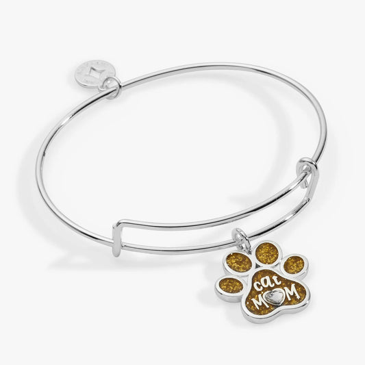 Alex and Ani Cat Mom Charm Bangle with glitter brown paw print charm on a silver bracelet on Tampa Home & Garden Store