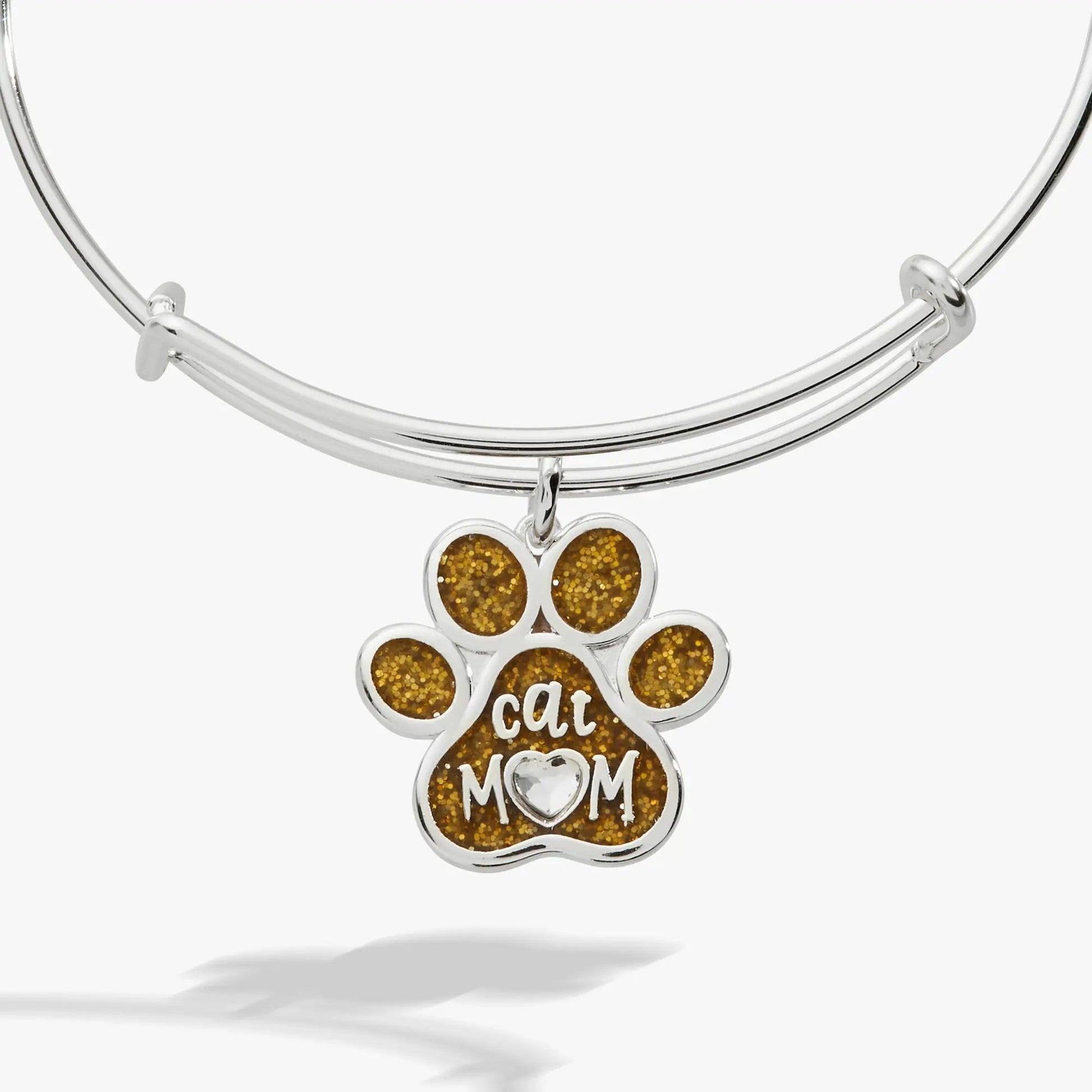 Cat Mom charm bangle with glitter brown paw-print charm on silver-tone bracelet by ALEX AND ANI on Tampa Home & Garden Store