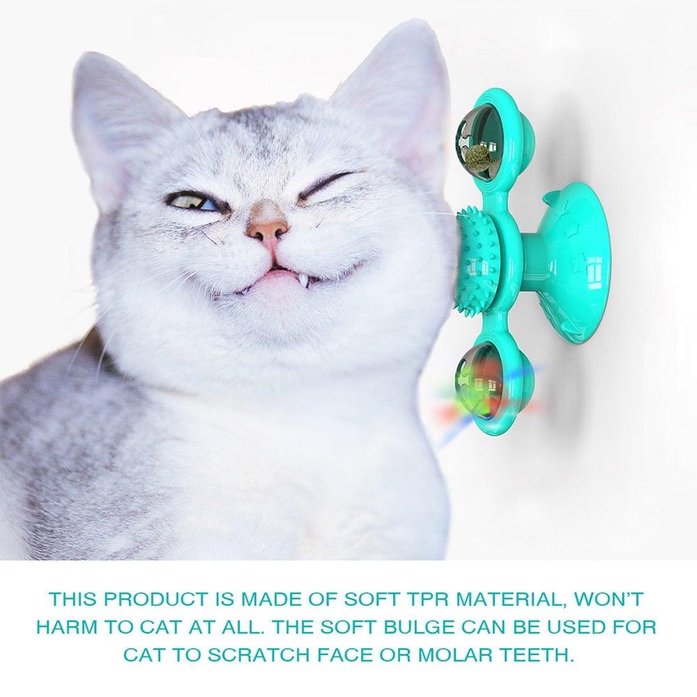 Cat Windmill Toy Stevvex turquoise rotatable massage toy with LED ball catnip suction base on Tampa Home & Garden Store