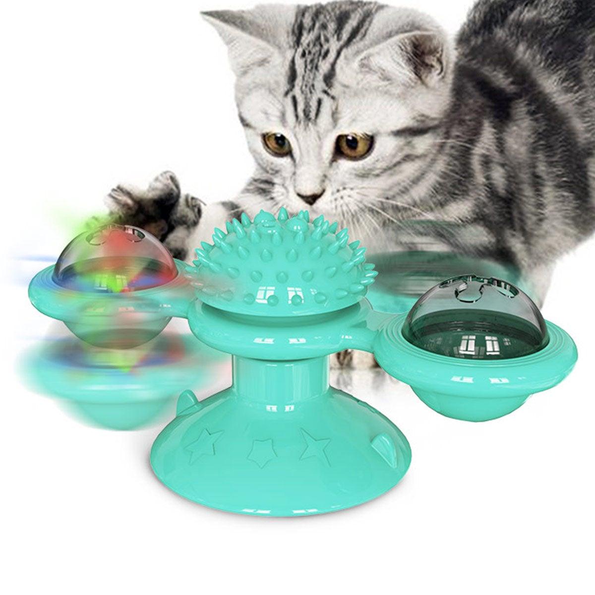 Stevvex Cat Windmill Toy with LED ball, mint green, interactive suction base on Tampa Home & Garden Store