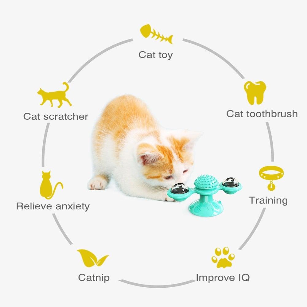 Stevvex Cat Windmill Toy rotatable massage with teal LED ball and catnip suction base on Tampa Home & Garden Store