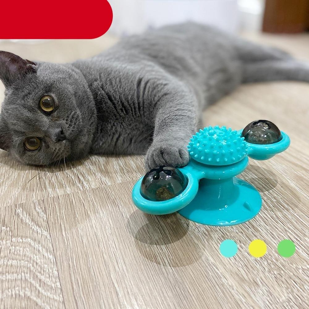 Stevvex Cat Windmill Toy turquoise rotatable toy with LED ball and catnip ball on Tampa Home & Garden Store