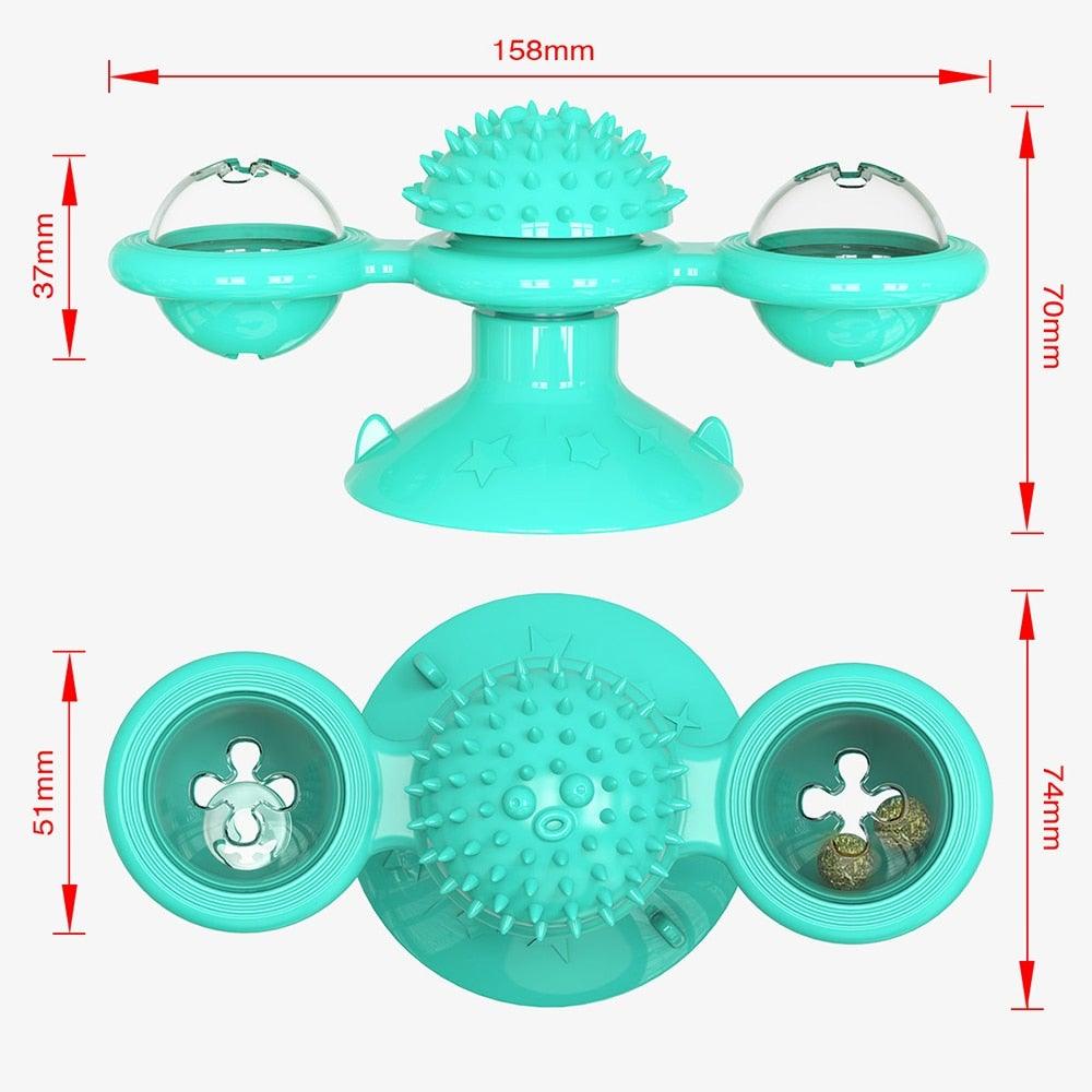 Stevvex turquoise cat windmill interactive toy with rotatable arms, suction cup base on Tampa Home & Garden Store