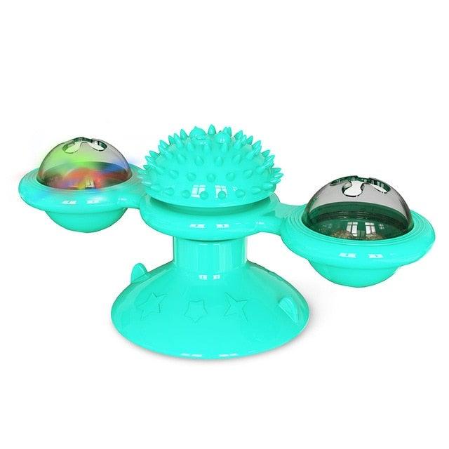 Stevvex cat windmill interactive toy, teal with LED domes and catnip ball, suction cup base on Tampa Home & Garden Store