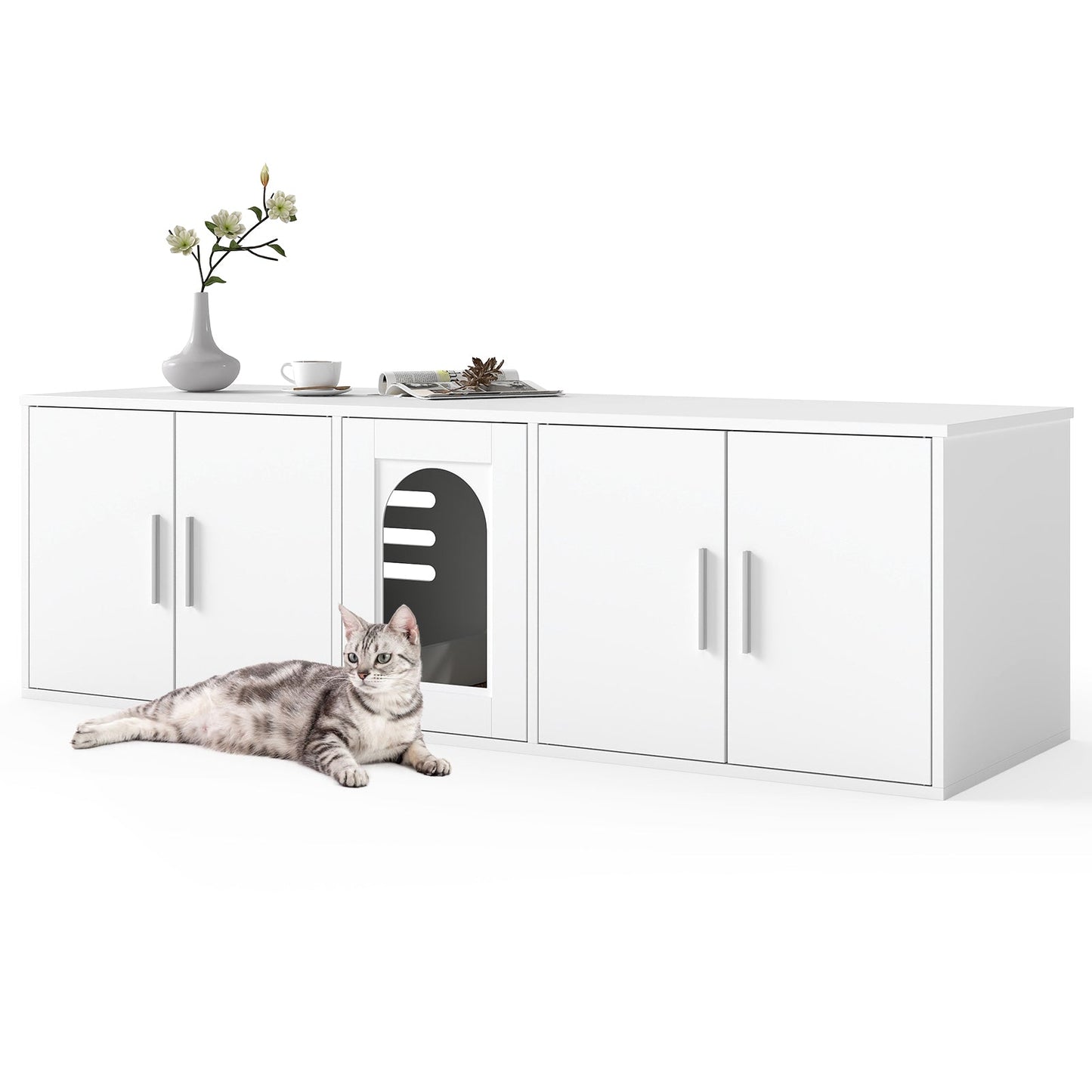 Cat Litter Box Enclosure for 2 Cats with Double Rooms and Sisal Scratching Mat-White