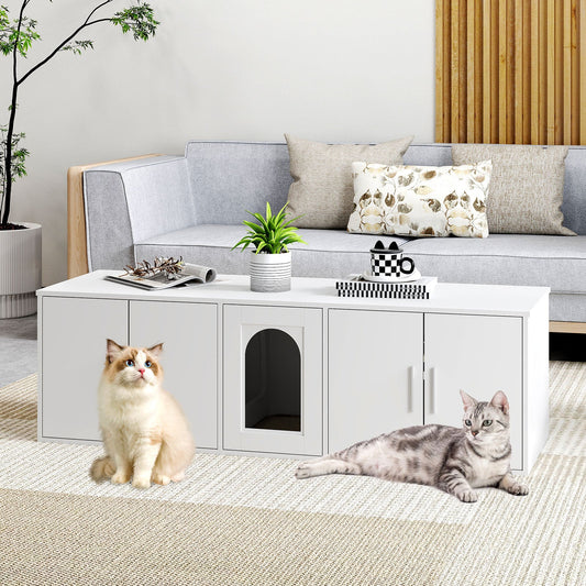 Cat Litter Box Enclosure for 2 Cats with Double Rooms and Sisal Scratching Mat-White - Tampa Home & Garden Store