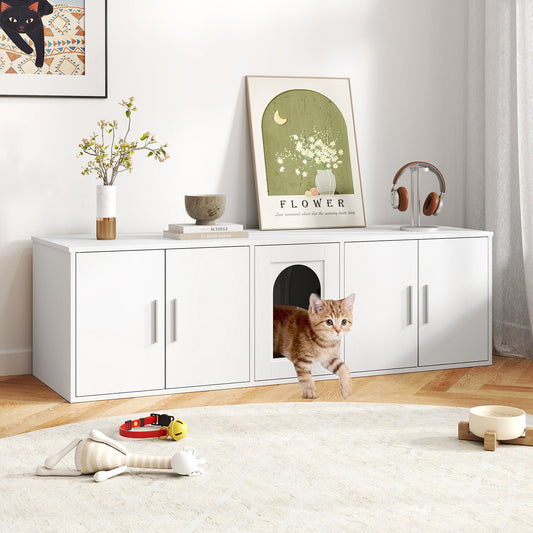 Cat Litter Box Enclosure for 2 Cats with Double Rooms and Sisal Scratching Mat-White - Tampa Home & Garden Store