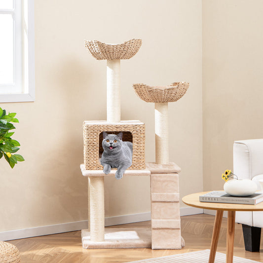 48 Inch Cattail Cat Tower with Sisal Scratching Posts Perch and Condo-Beige - Tampa Home & Garden Store
