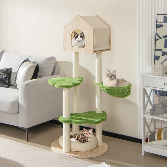 55 Inch Tall Cat Climbing Stand with Sisal Scratching Posts and Soft Cat Bed for Indoor Kittens-Green - Tampa Home & Garden Store