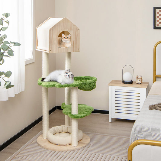 55 Inch Tall Cat Climbing Stand with Sisal Scratching Posts and Soft Cat Bed for Indoor Kittens-Green - Tampa Home & Garden Store