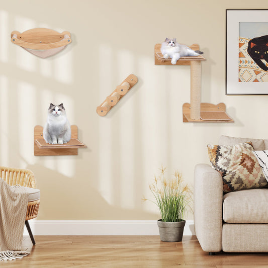 Cat Wall Furniture Set of 4 with Hammock 2-step Cat Tree and Perch-Natural - Tampa Home & Garden Store