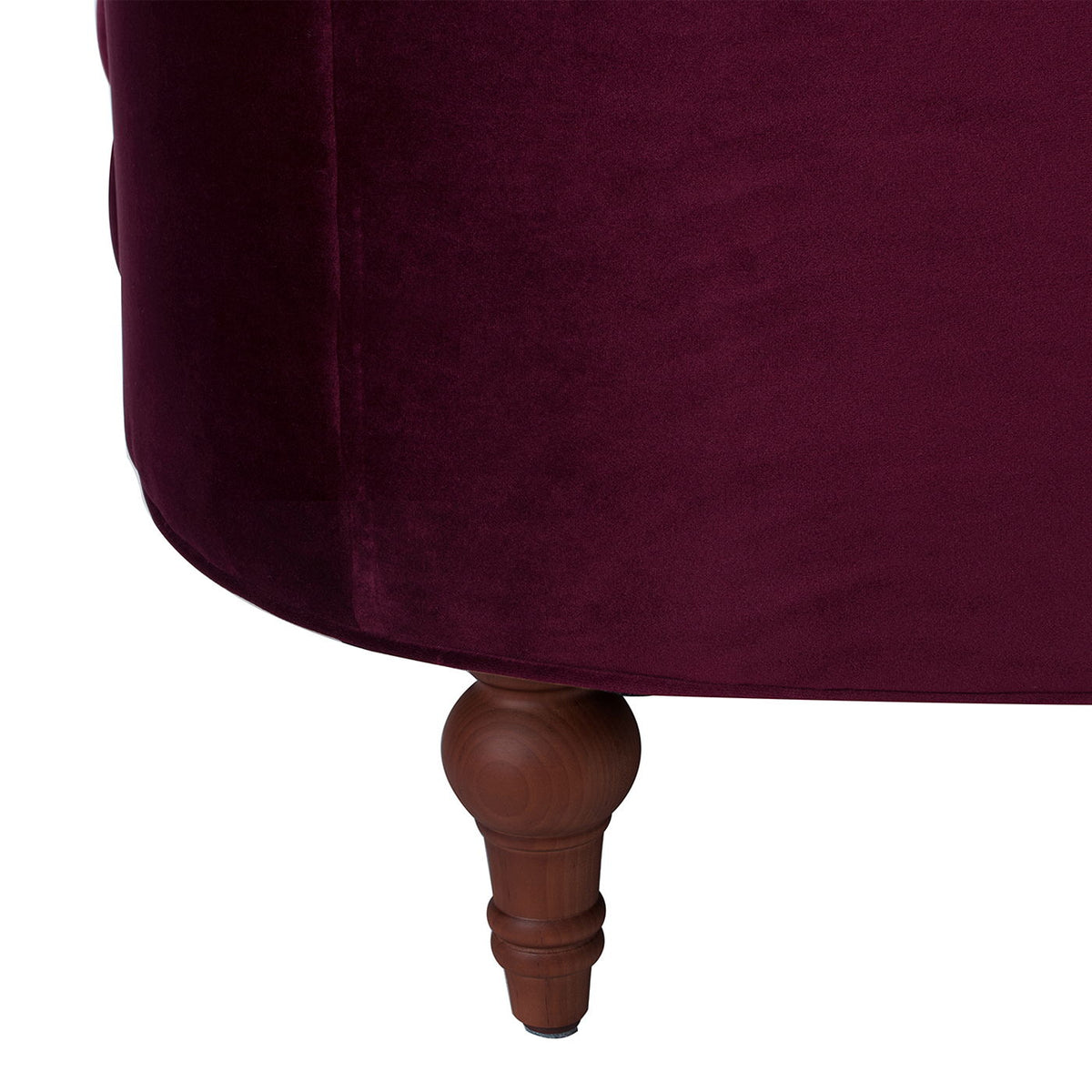 Accent chair in dark red velvet with turned wooden leg on Tampa Home & Garden Store