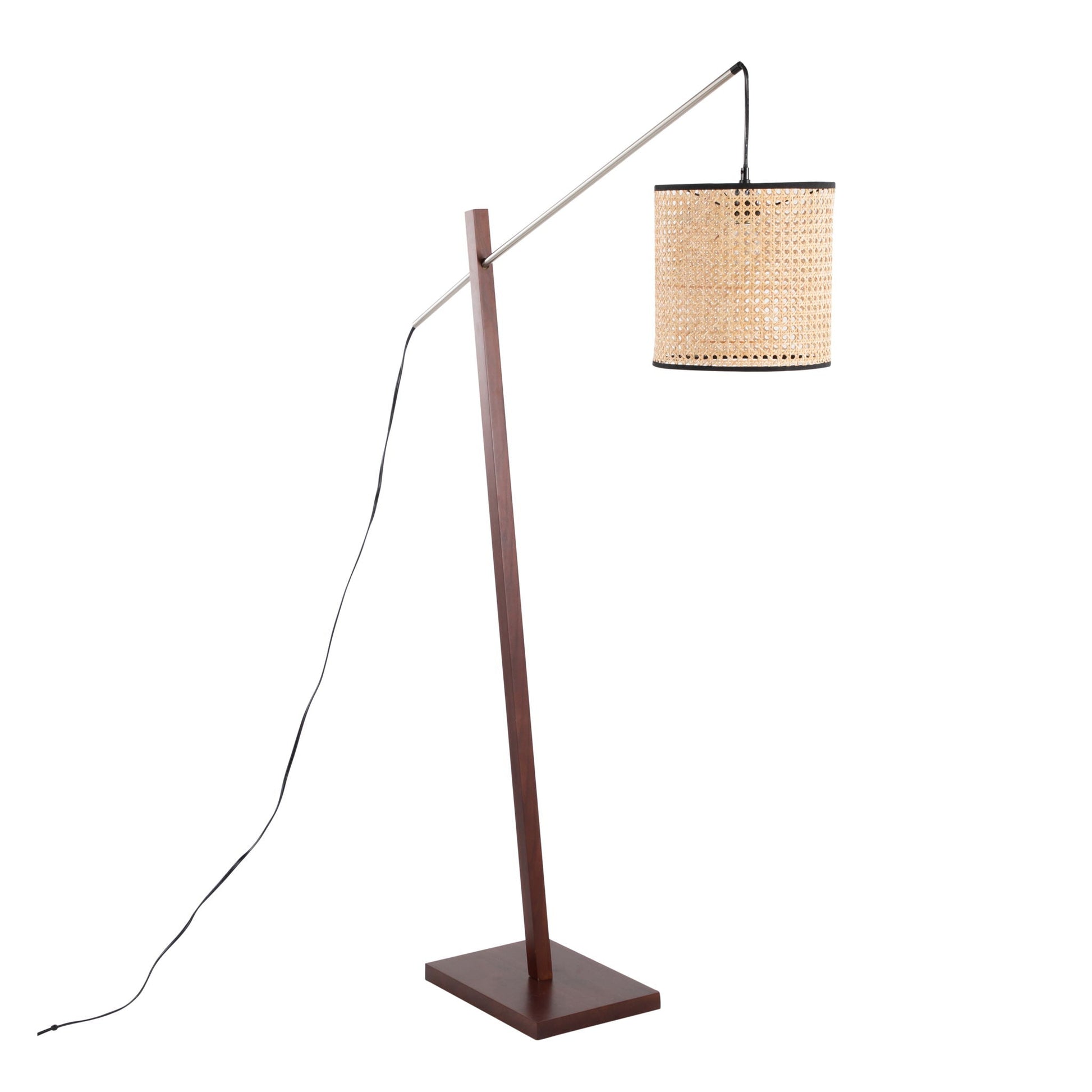 Arturo floor lamp by HouseOfZazla with wood base, angled metal arm, woven rattan shade on Tampa Home & Garden Store