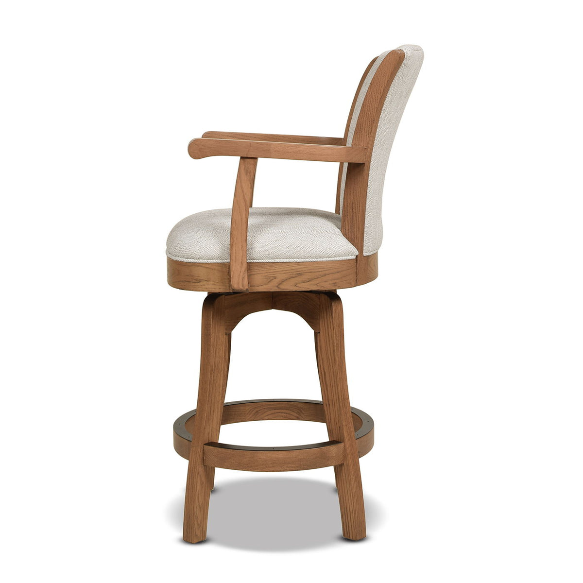 Swivel counter height bar stool with high back, beige upholstery, solid hardwood frame on Tampa Home & Garden Store