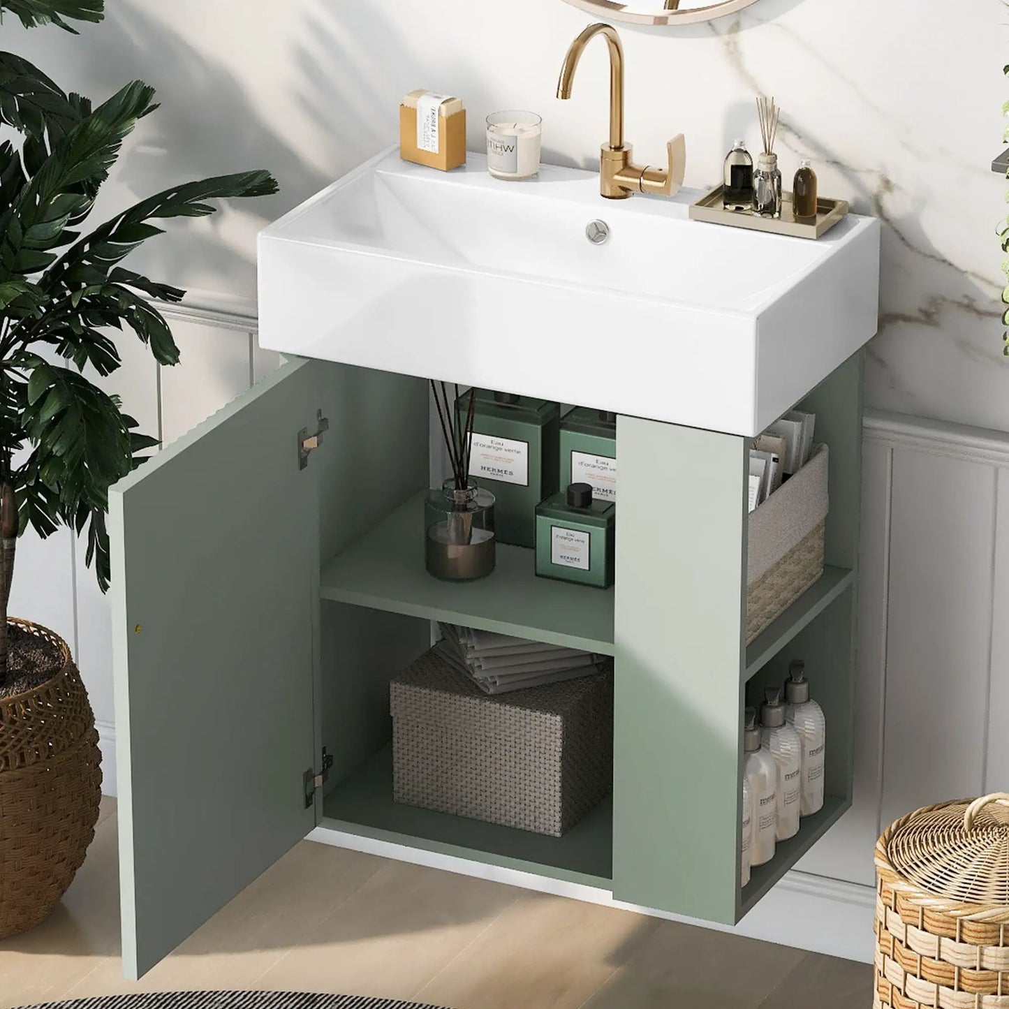 Compact Modern Floating Vanity with Ceramic Basin