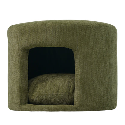 Olive green textured fabric ottoman with hidden pet nook and removable cushion on Tampa Home & Garden Store