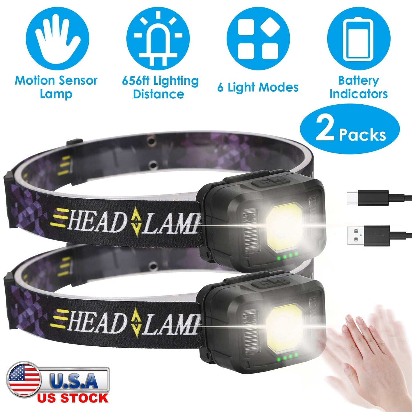 GemGear 2-pack rechargeable motion-sensor headlamp with 6 modes COB/XPG, USB-C charging on Tampa Home & Garden Store