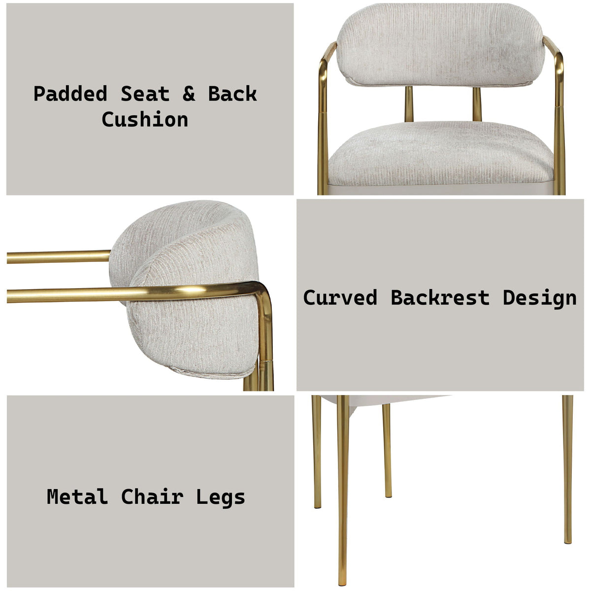 Beige chenille arm chair set with padded seat & back cushion, gold metal legs; set of 2 on Tampa Home & Garden Store