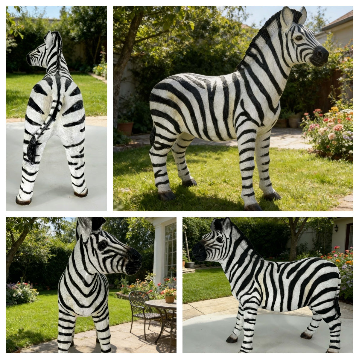 Zebra garden statue by HouseOfZazla, life-size outdoor sculpture with black and white stripes on Tampa Home & Garden Store