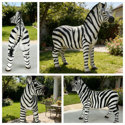 Zebra garden statue by HouseOfZazla, life-size outdoor sculpture with black and white stripes on Tampa Home & Garden Store