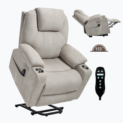 Beige power lift recliner with massage, plush fabric, remote control & cup holders on Tampa Home & Garden Store
