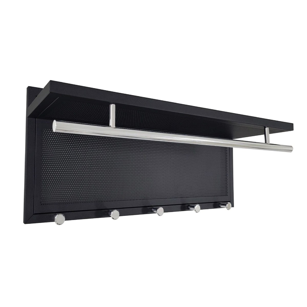 Powder-coated metal wall-mounted coat rack with shelf in black by HouseOfZazla, chrome bar on Tampa Home & Garden Store