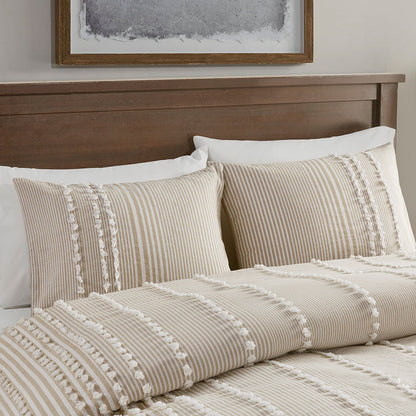 King 3pc cotton yarn-dyed duvet cover set with tufted chenille taupe stripes HouseOfZazla on Tampa Home & Garden Store