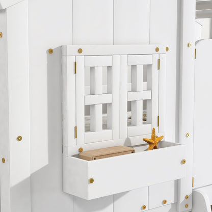 HouseOfZazla white bunk bed with roof, window, window box, door and ladder with guardrails on Tampa Home & Garden Store