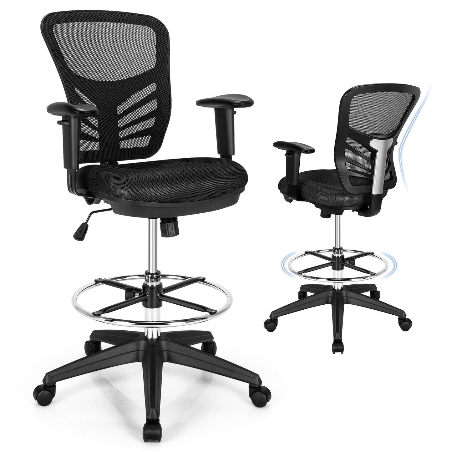 Silla de oficina de malla con reposabrazos ajustables y aro reposapiés - Negra