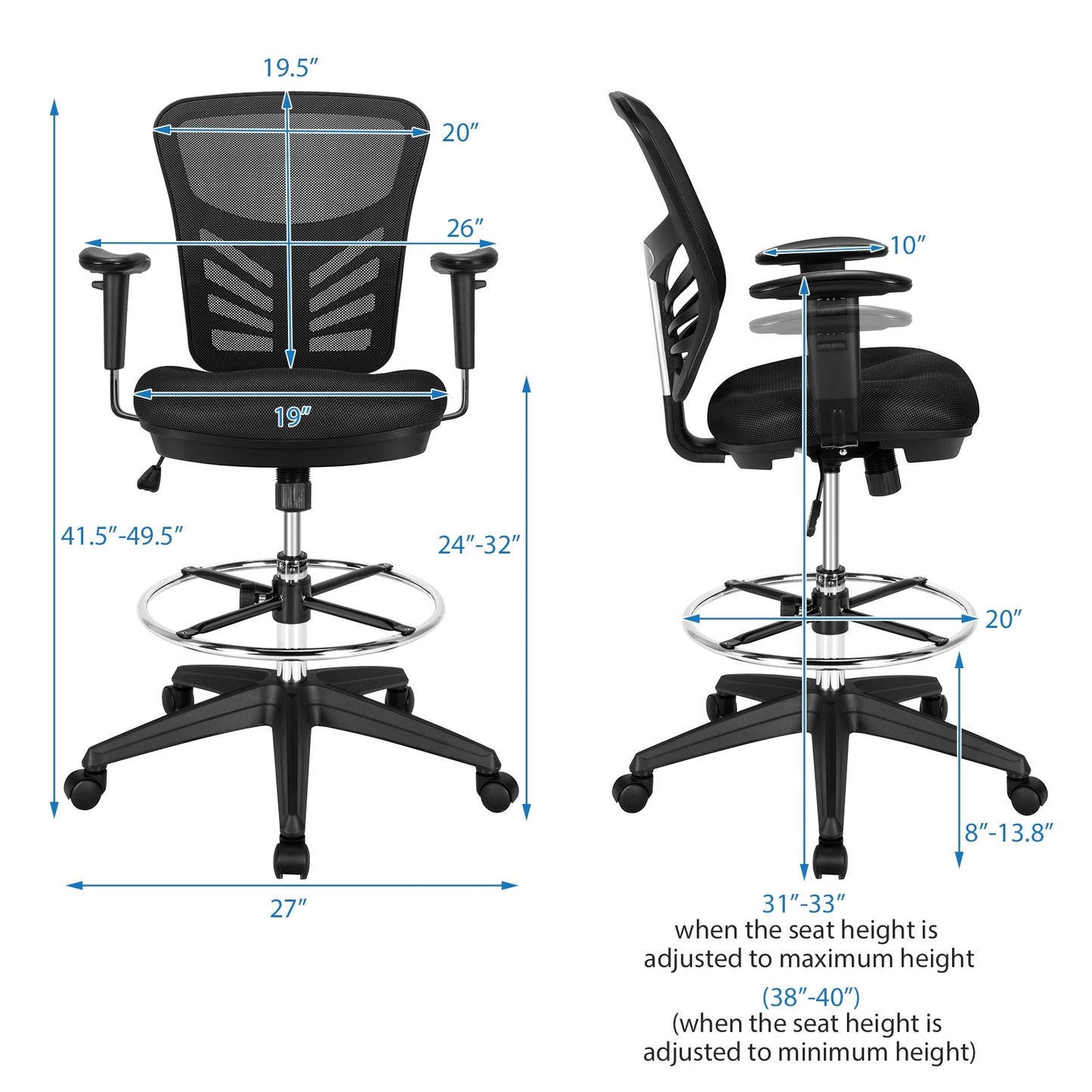Silla de oficina de malla con reposabrazos ajustables y aro reposapiés - Negra
