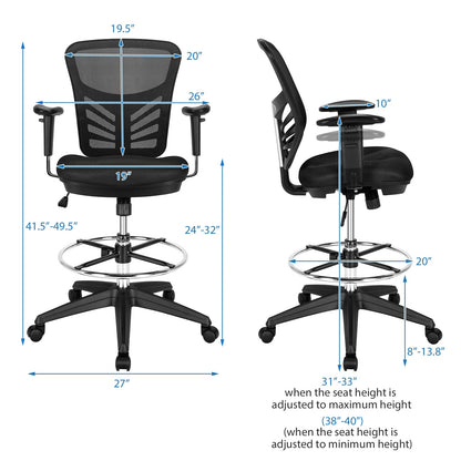 Silla de oficina de malla con reposabrazos ajustables y aro reposapiés - Negra