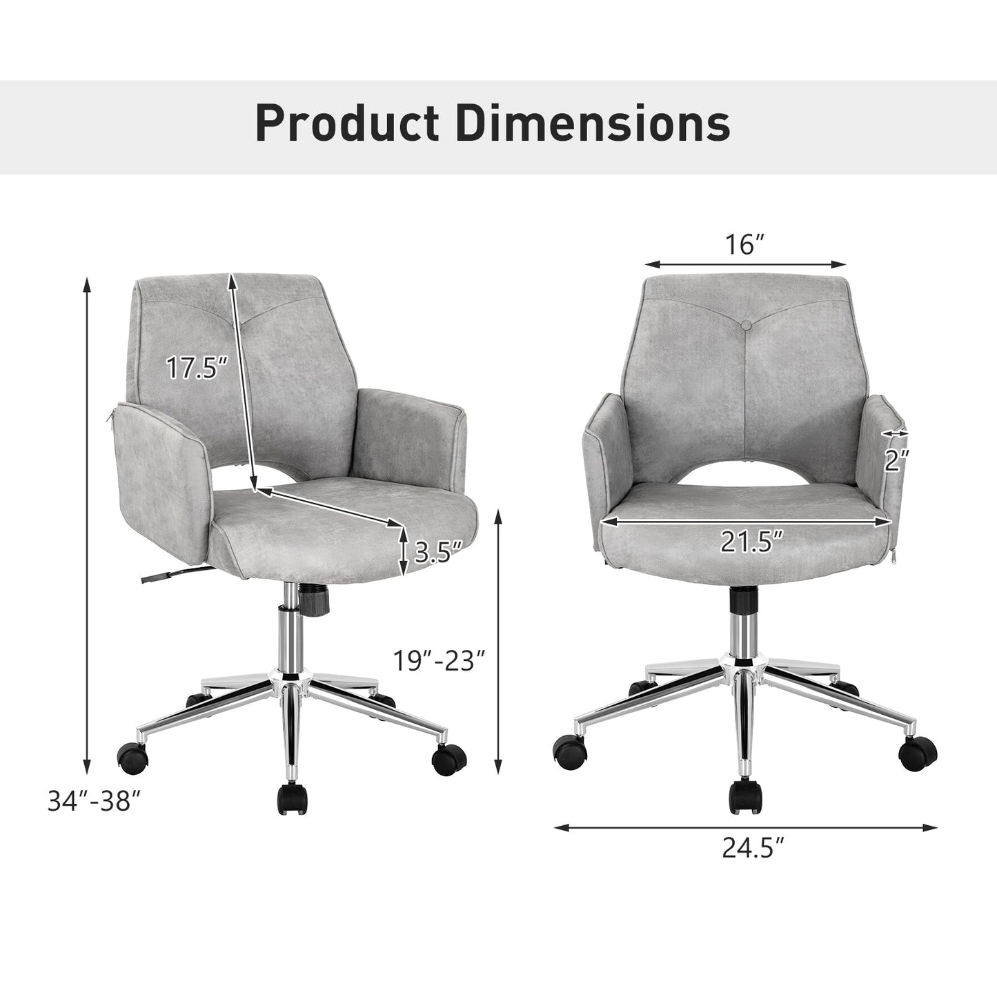 Silla de oficina de ocio con respaldo medio hueco ajustable con apoyabrazos - Gris