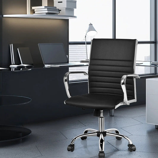 High back ribbed office chair with armrests in black leather and chrome frame on Tampa Home & Garden Store