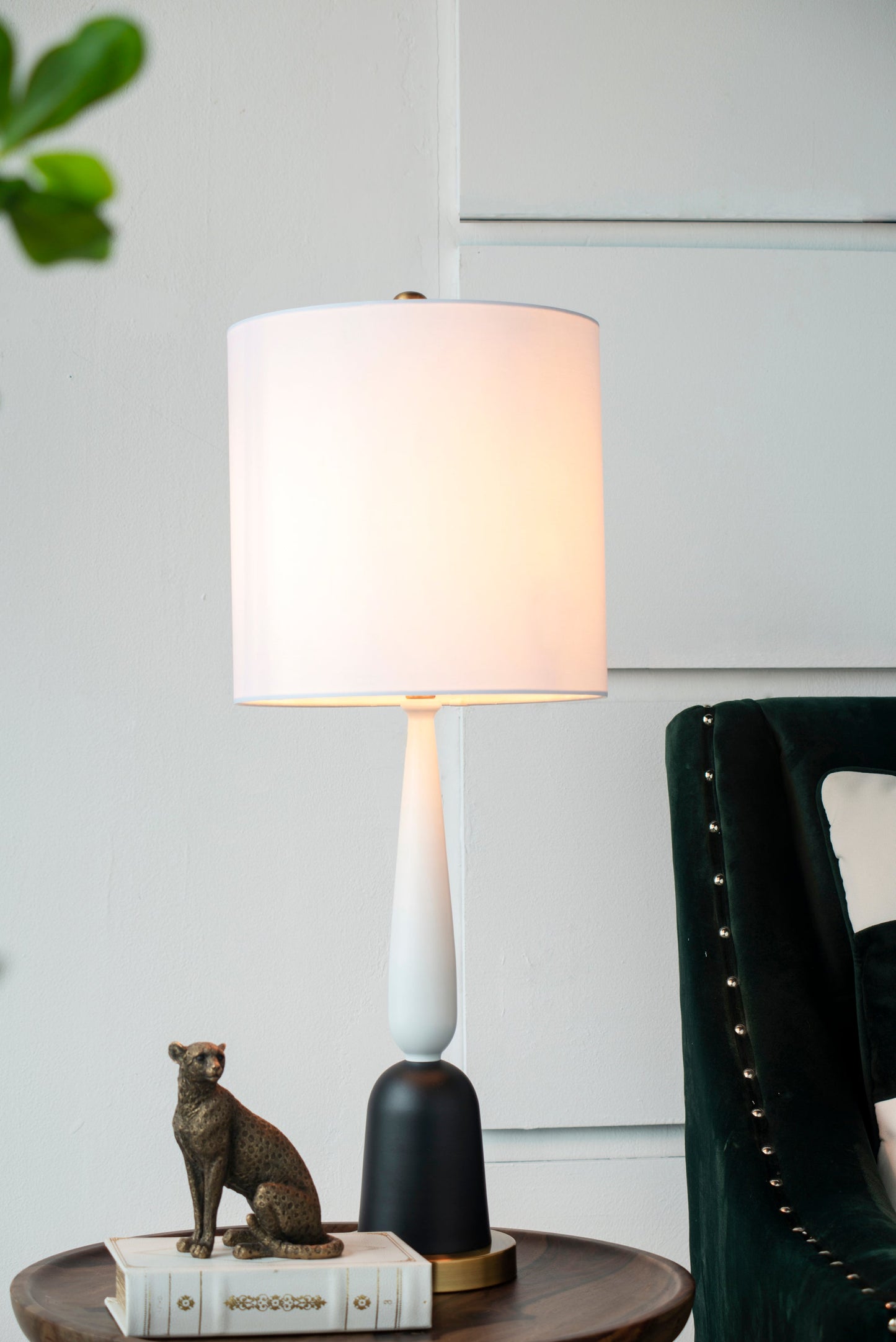 Teardrop Table Lamp HouseOfZazla, white shade, black base, on round wood table on Tampa Home & Garden Store