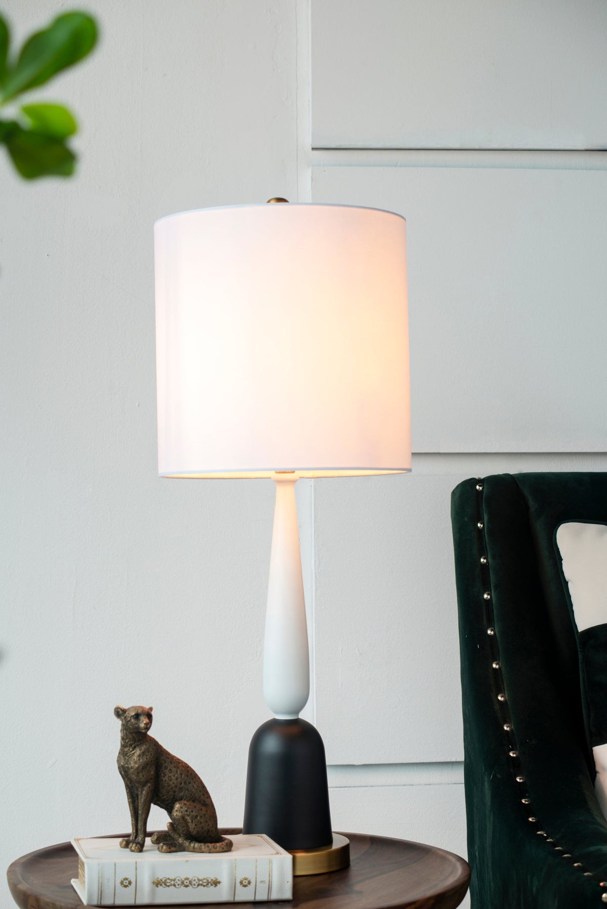 Teardrop Table Lamp HouseOfZazla, white shade, black base, on round wood table on Tampa Home & Garden Store