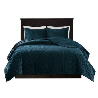 Teal velvet quilt set, king/cal king, 3-piece with geometric quilting on Tampa Home & Garden Store