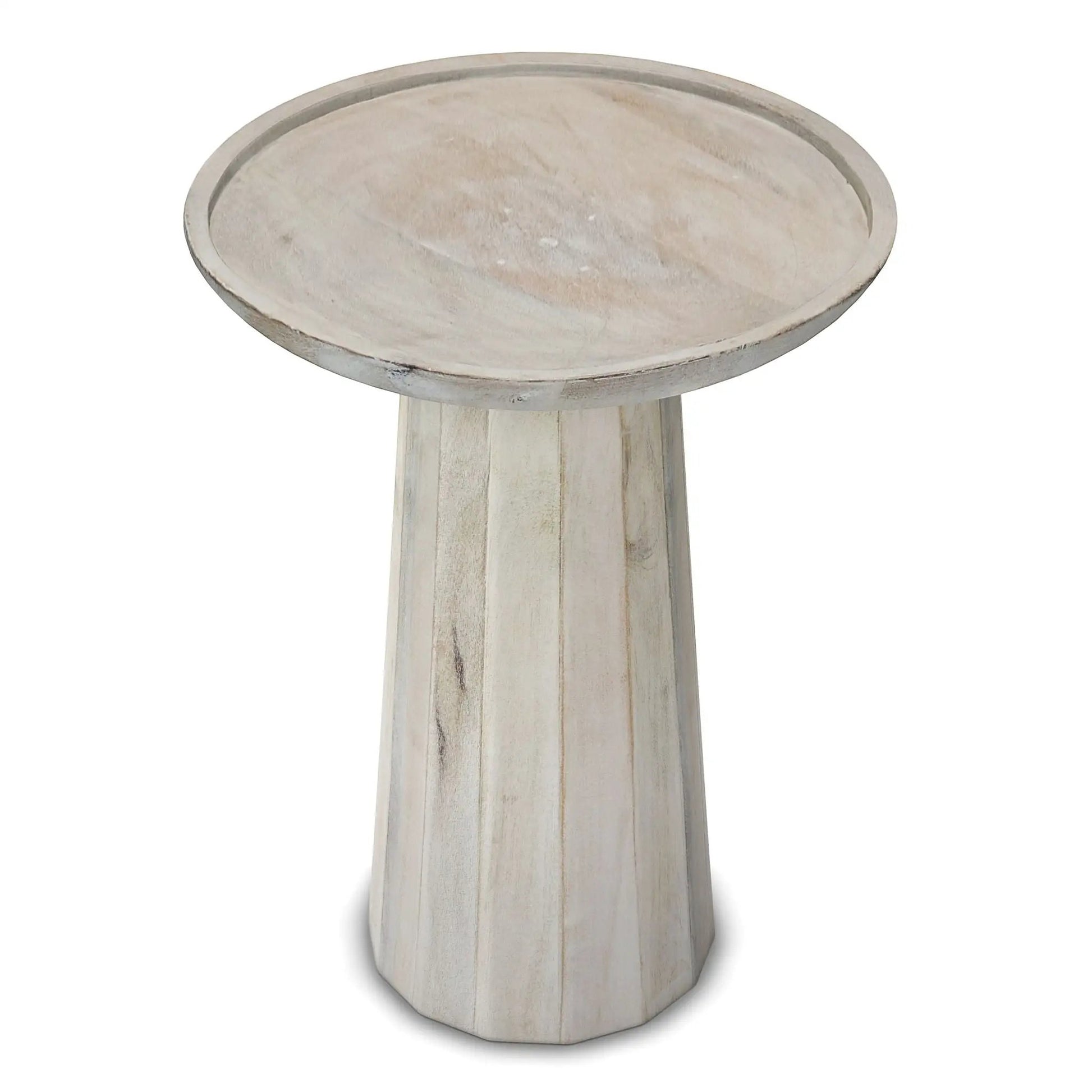 Dayton Handcrafted Wooden Accent Table with round top and whitewash finish on Tampa Home & Garden Store