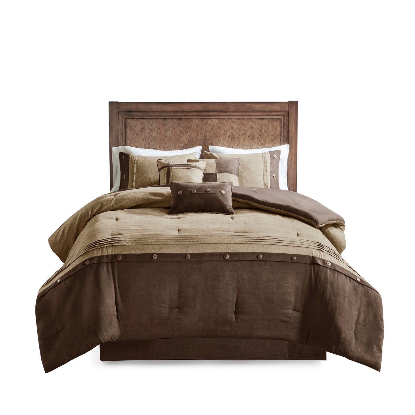 7 Piece Faux Suede Comforter Set Brown Queen on bed with matching pillows on Tampa Home & Garden Store