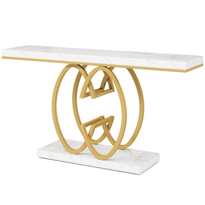 Console table white faux-marble top with gold geometric ring base on Tampa Home & Garden Store