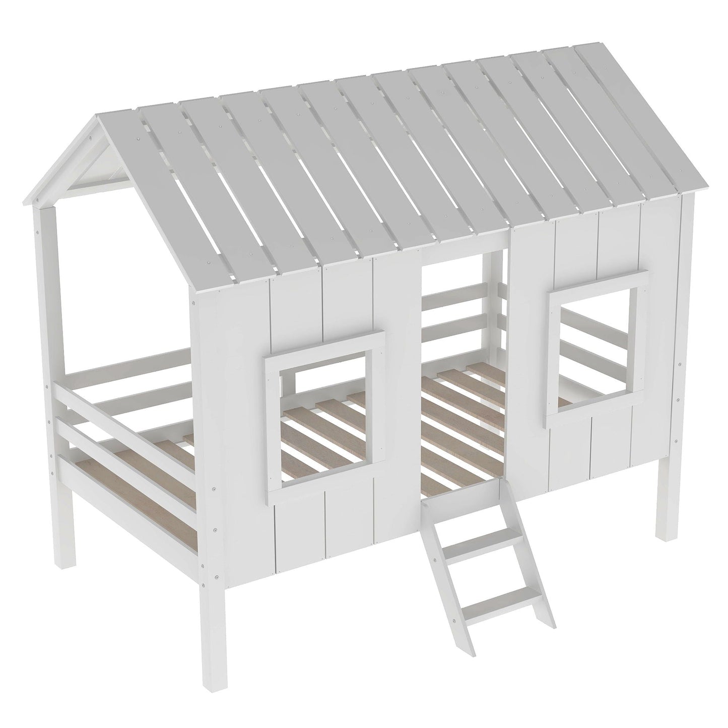 Twin size low loft house bed with roof and front windows in white wood by HouseOfZazla on Tampa Home & Garden Store